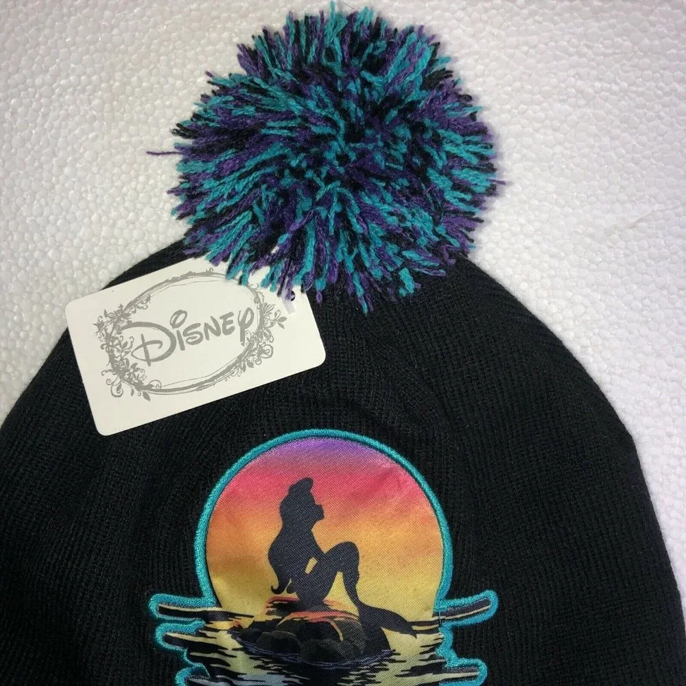 Disney Little Mermaid Girls Pom Pom Beanie Hat Tassels & White Hat Bundle Set